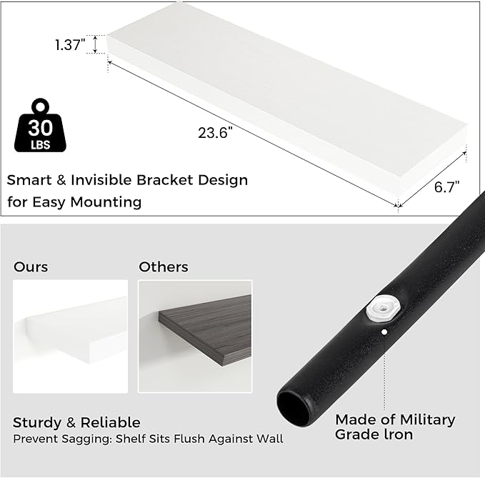 Venusmiles Floating Shelves for Wall 24 inch Long, Engineered Wood Wall Shelves with Invisible Brackets for Living Room Bedroom Bathroom Office Kitchen Decor and Storage, White Finish, Set of 2