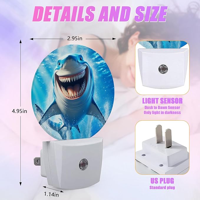 Funny Shark Night Light Sea Animals Night Lights LED Lamp Round Plug into Wall Nightlight with Dusk to Dawn Sensor Home Hallway Stairway Kitchen Decor