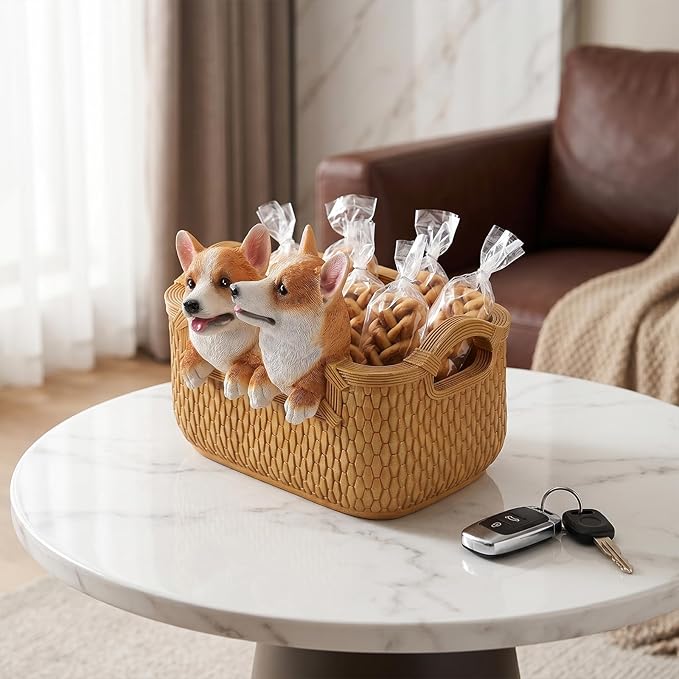 Dog Resin Storage Basket, Desktop Organizer for Remote & Keys, Cute Home Decor Tray, Ideal present for Pet Lovers.(Two corgis)