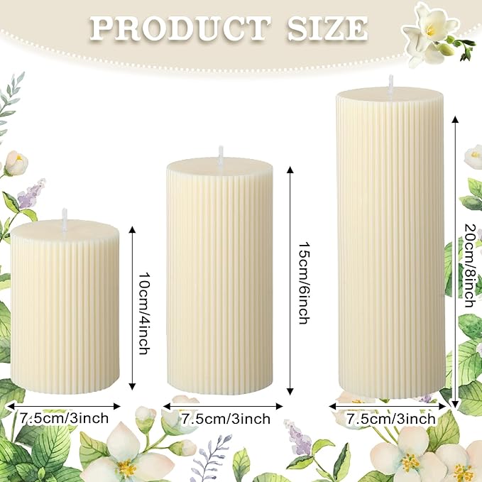 Conelist Ribbed Pillar Candles Set of 3, Width 3" High 4" 6" 8" Large Soy Wax Orchids Scented Pillar Candles Aesthetic Ribbed Modern Home Decor for Bathroom Living Room(Cream)