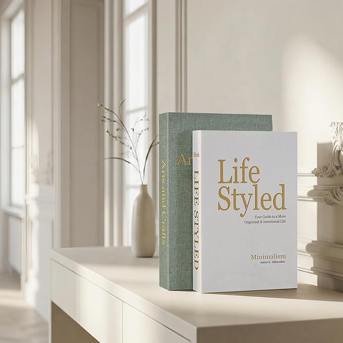 Realistic Decorative Book Boxes with Hidden Storage, Set of 2 Linen Faux Books, Sturdy and Neutral Home Decor for Coffee Table, Bookshelf, Entryway and Office