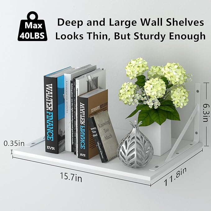 Deep Floating Wall Shelves - 4 Sets of 12 Inch Wide White Wood Shelves for Bathroom, Bedroom, Kitchen, Living Room