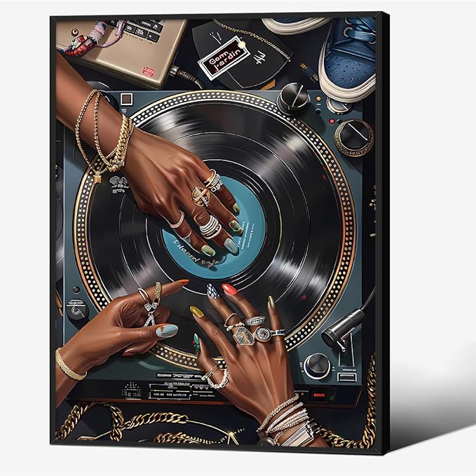Black Woman Music Canvas Poster y2k Song Record Wall Art Vintage Urban Feminine Aesthetic Prints 08x10 inch Black Framed for Bar Bedroom Gallery Wall Decor
