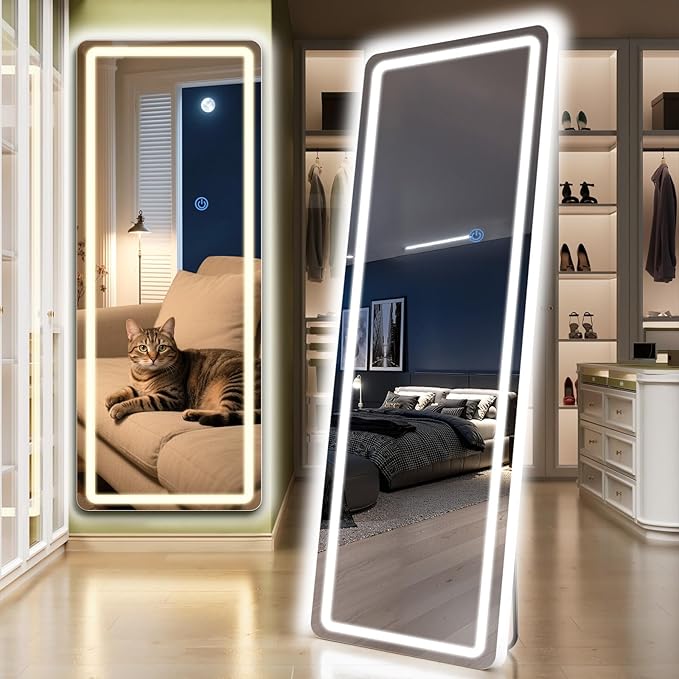 Standing Mirror Full Length with LED Lights, 65"x26" Lighted Mirror with Dimming & 3 Color Lighting, Tall Mirror Full Body for Bedroom, Dressing Room