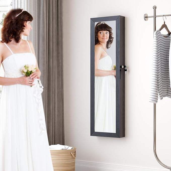 Full Length Mirror Jewelry Cabinet Organizer Lockable Door Wall-Mounted Jewelry Armoire with Shelves and Behind the Door Storage Black