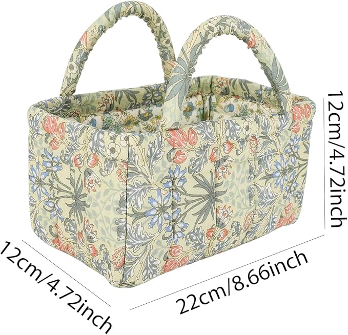 Mini Storage Basket, Small Quilted Boho Fabric Organizer Bin with Handle, Portable Collapsible Basket for Socks, Keys, Diaper