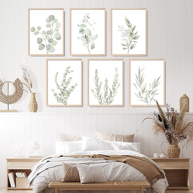 Botanical Plant Wall Art Boho Decor Prints Light Green Eucalyptus Leaf Picture Canvas Wall Art Minimalist Floral Wall Decor for Bedroom Living Room Bathroom Kitchen (Set of 6, 12x16 inch, Unframed)