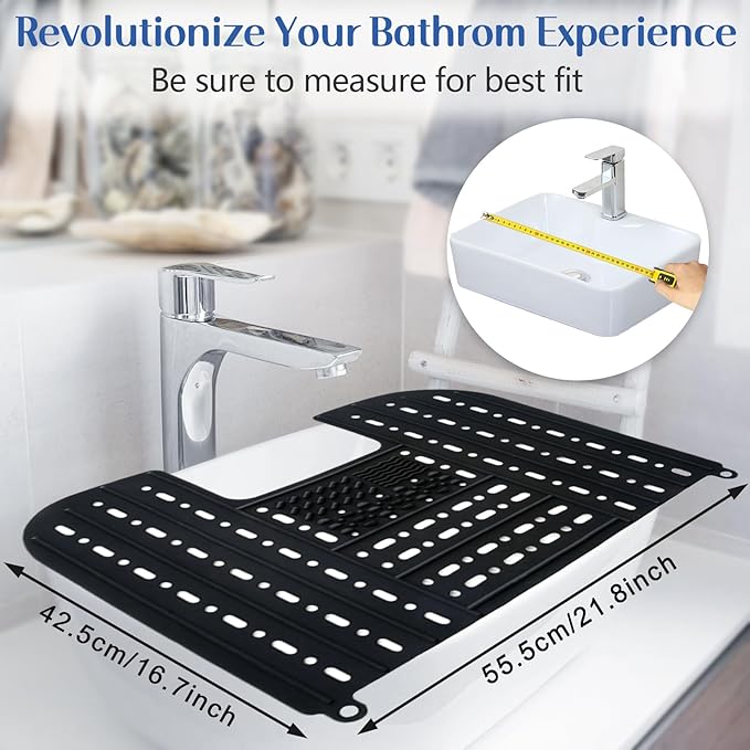Sink Cover for Counter Space, Silicone Makeup Brush Cleaning Mat Foldable Sink Cover Bathroom Cover for Counter Space Saver Rv Camper Travel Must Haves Accessories - 22 * 17" Black