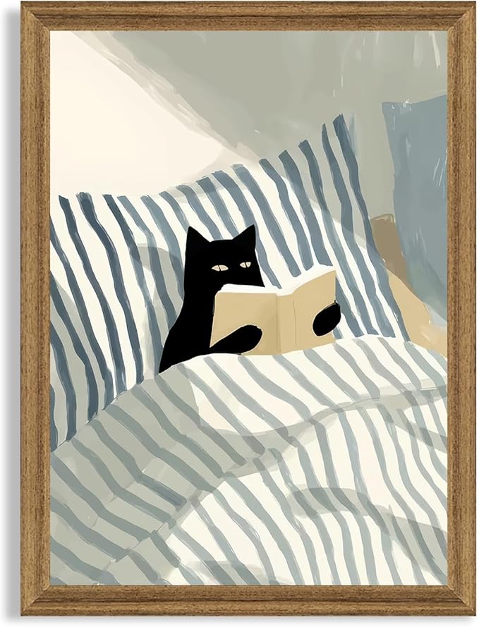 Fantasy Artists Reading Black Cat on Bed Wood Framed Wall Art, Easy to Hang Fade Resistant Art Prints, Perfect for Bedroom Living Room Bathroom Home Office Wall Decor, 12x16 Inches