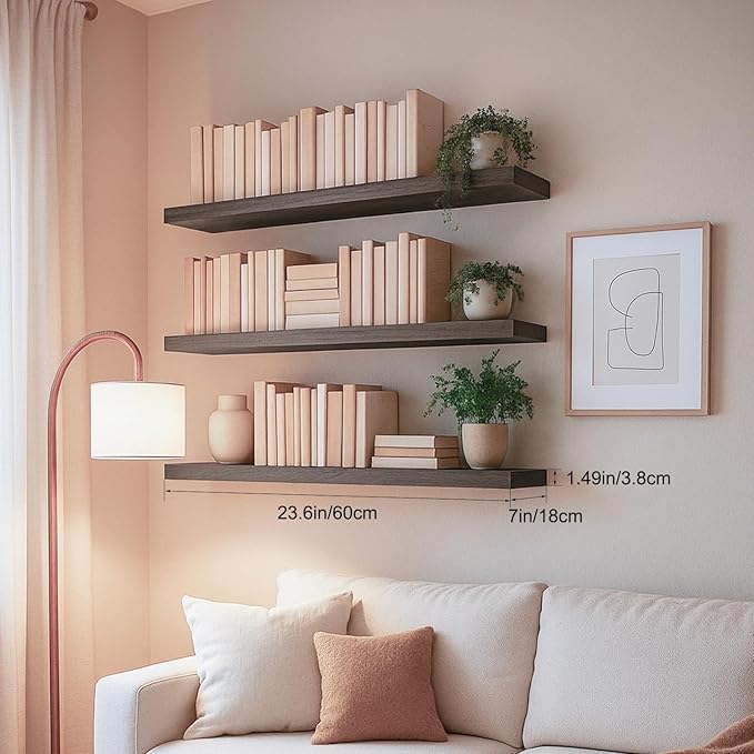 Floating Shelves for Wall, Bathroom Shelves Over Toilet, Wall Shelves & Book Shelf for Room, Hanging Shelf, Modern Wooden Mounted Floating Shelves, 24x7x1.5 in (Smoke Gray, Set of 3)