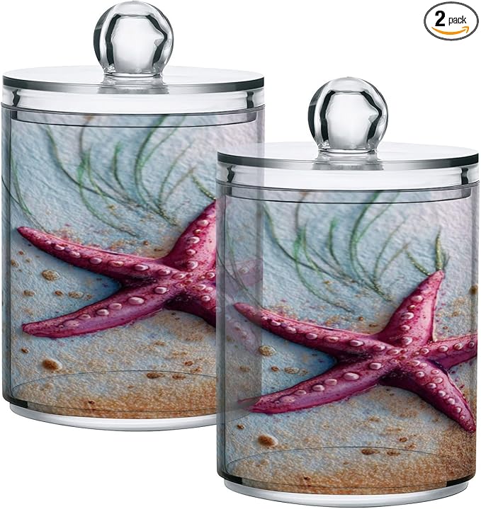2 Pack Apothecary Jars,Starfish on Sand Bathroom Vanity Storage Organizer Set,Small Clear Plastic Storage Jars Bathroom Canister for Cotton Swabs,Rounds,Balls,Qtips,Makeup Sponges