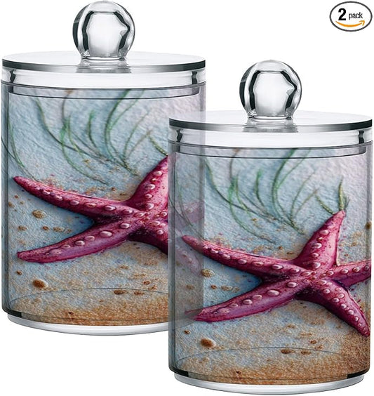 2 Pack Apothecary Jars,Starfish on Sand Bathroom Vanity Storage Organizer Set,Small Clear Plastic Storage Jars Bathroom Canister for Cotton Swabs,Rounds,Balls,Qtips,Makeup Sponges