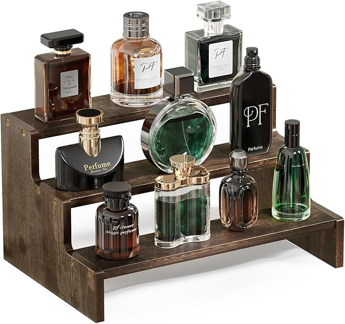 ProCase Wooden Cologne Organizer for Men, 3 Tier Perfume Organizer, Mens Cologne Stand Holder Storage, Display Riser Shelf Rack for Fragrances Candles Cosmetics Cupcake Figure Spice -Brown