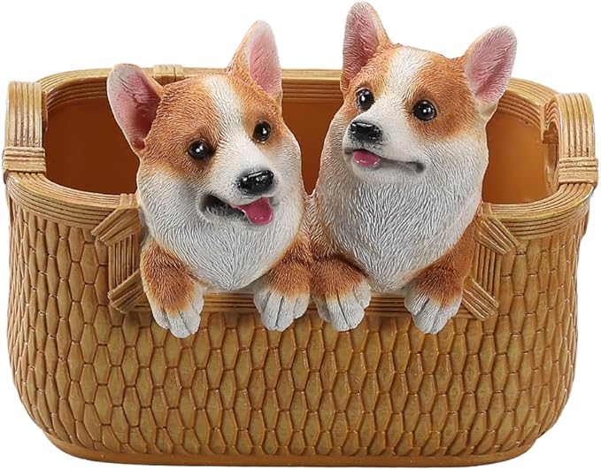 Catchall Bowl Corgi Statue - Decorative Entryway Key Holder & Candy Dish - Cute Double Dog Figurine Organizer for Desk & Room Decor - Pet Lover Housewarming Gift, Double Corgi in Basket