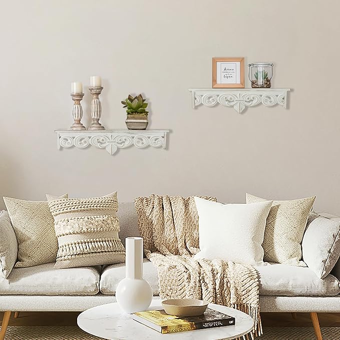 White Vintage Wall Shelves Decor - Antique Floating Shelf Wood Wall French Country Decor Farmhouse Rustic Hanging Shelves for Living Room Bedroom (16.5"+15")