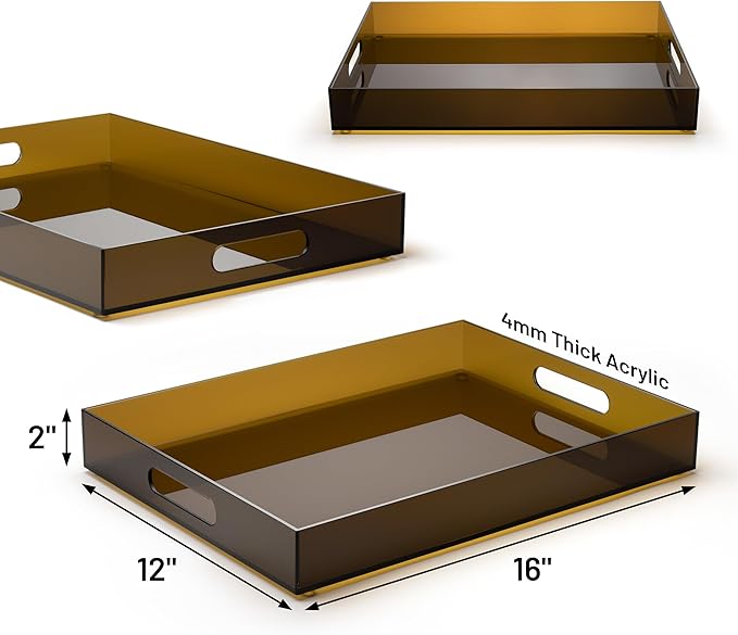 ATZYmolin 16"x12" Large Acrylic Serving Tray Decorative Ottoman Coffee Table Vanity Tray Tea Fruit Platter Snack Appetizer Dessert Drink with Handles for Bar Kitchen Party, Amber