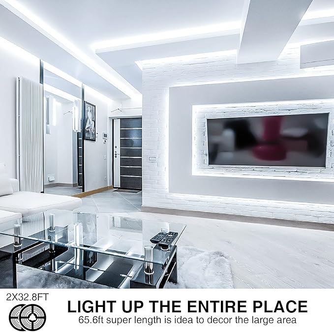 Onforu LED Strip Lighting Bright White, 65.6ft 6000K Dimmable Daylight White Tape Light, Flexible 12V Adhesive Ribbon Easter Rope Light, for Kitchen, Under Cabinet, Bedroom (Pack of 2)