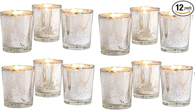Hosley Set of 12 Silver Mercury Filled Glass Votive Candles. Ideal Gift for Weddings, Bridal Showers, Parties, Home Decor, and Special Events