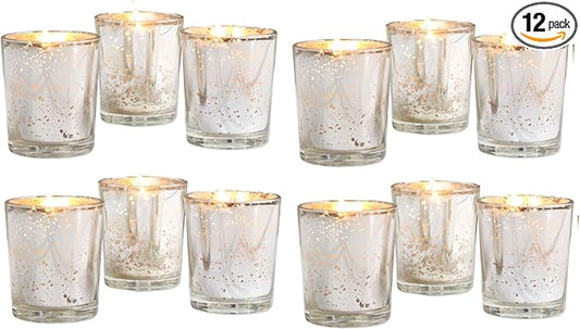 Hosley Set of 12 Silver Mercury Filled Glass Votive Candles. Ideal Gift for Weddings, Bridal Showers, Parties, Home Decor, and Special Events