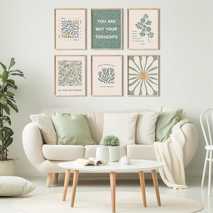 Mental Health Wall Art Therapy Office Canvas Wall Decor Green Motivational Posters Prints Boho Inspirational Quote Pictures Positive Psychology Artwork Painting for Classroom 12x16 Inch Unframed 6Pcs
