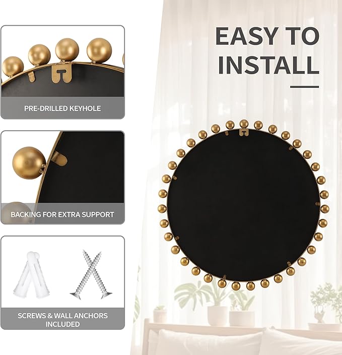 30 Inch Round Wall Mirror with Antique Gold Ball Frame, Beveled Decorative Round Accent Mirror, Vintage Gold Sunburst Style Mirror for Bedroom, Living Room, Entryway, Hallway & Wall Decor