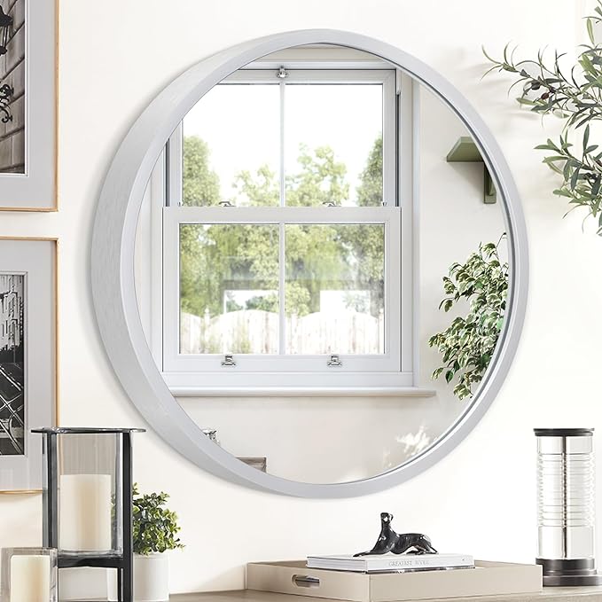 JJUUYOU Round Wall Mirror Circular Mirror for Bathroom Sliver Mirrors Silver Vanity Hanging Metal Frame Small Make up Mirror for Living Room Bedroom Dorm Entryway and More