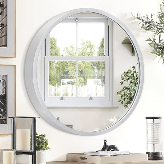 JJUUYOU Round Wall Mirror Circular Mirror for Bathroom Sliver Mirrors Silver Vanity Hanging Metal Frame Small Make up Mirror for Living Room Bedroom Dorm Entryway and More
