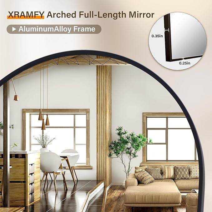 XRAMFY 86"x40" Arched Full Length Mirror Floor Mirrors with Aluminum Alloy Frame Free-Standing Wall Mounted Floor Mirrors or Large Dressing Mirror, Black Mirror Full Length