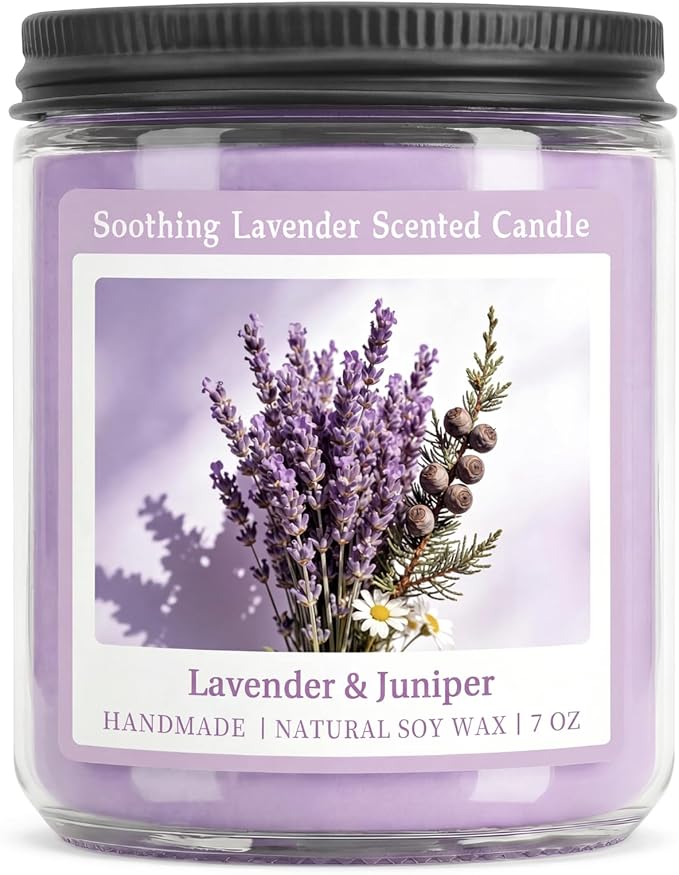 Homsolver Soothing Lavender Scented Candle, Natural Soy Candles with 50+ Hour Burn, Soft Juniper Lavender Fragrance Gift for Women, Men Friends, Everyday Use, Comfortable Spaces (Boutique Gifts Size)