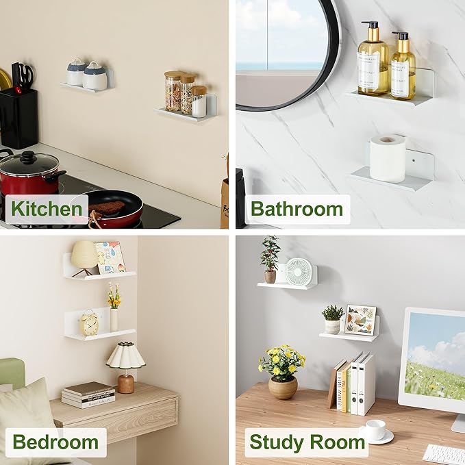 SAYAYO White Floating Shelves for Wall Storage, 8 Inch Screw or Self Adhesive Wall Shelves for Bedroom Decor, Small Display Bathroom Shelf Organizer for Kitchen, Living Room, Office, 2pcs