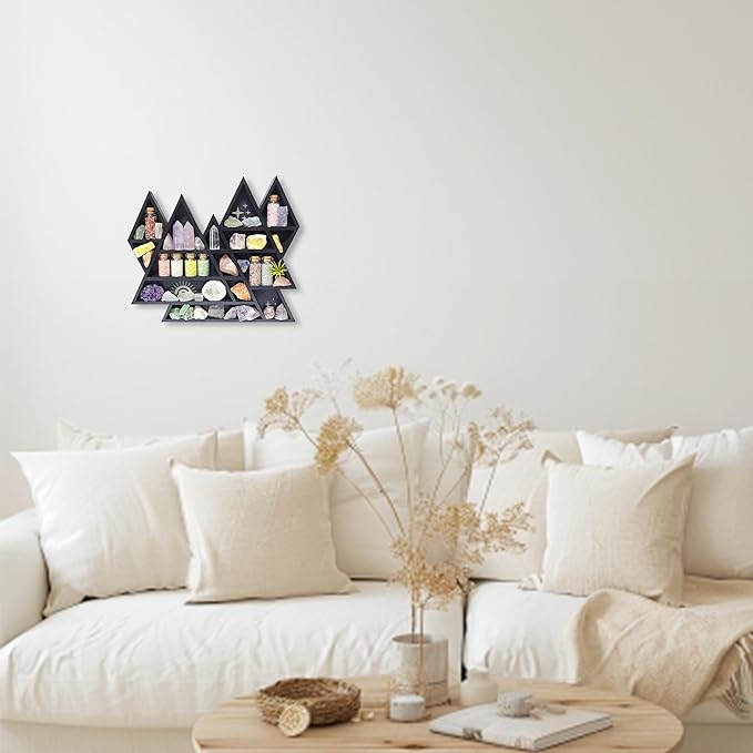 Mountain Crystal Shelf Display for Wall, Wooden Triangle Rock Gem Stone Storage Holder, Meditation Room Decor Spiritual Gift, Wall Hanging Organizer for Trinkets, Knick Knacks, Art Collections