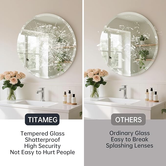 Frameless Round Mirror 24 Inch, Round Mirror with 1 inch Beveled Edge, Beveled Bathroom Mirrors for Vanity, Living Room, Entryways