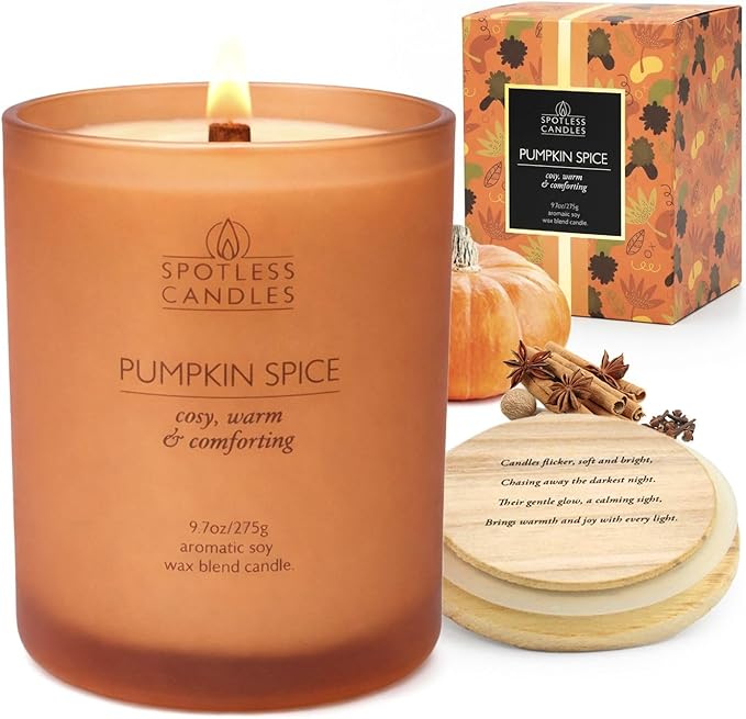 Pumpkin Spice Candle 9.7 oz: 55 Hrs Burn Time - Pumpkin Spice Scented Candles in Frosted Glass Jar with Wooden Crackling Wick in a Luxurious Gold Foil Lined Gift Box