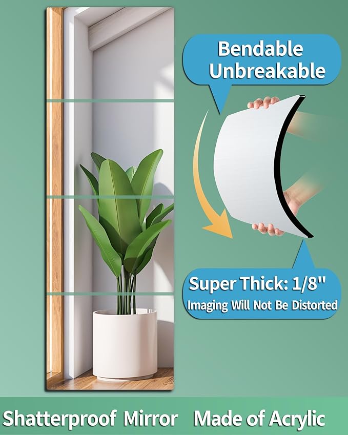 Shatterproof Wall Mirror Full Length for Bedroom, Acrylic Gym Mirrors For Home, Extra Thick : 0.12 Inch, 14 x 12 Inches x 4 PCS, Workout Mirrors Safe for Kids, Over The Door, Long Wall Mounted Mirror