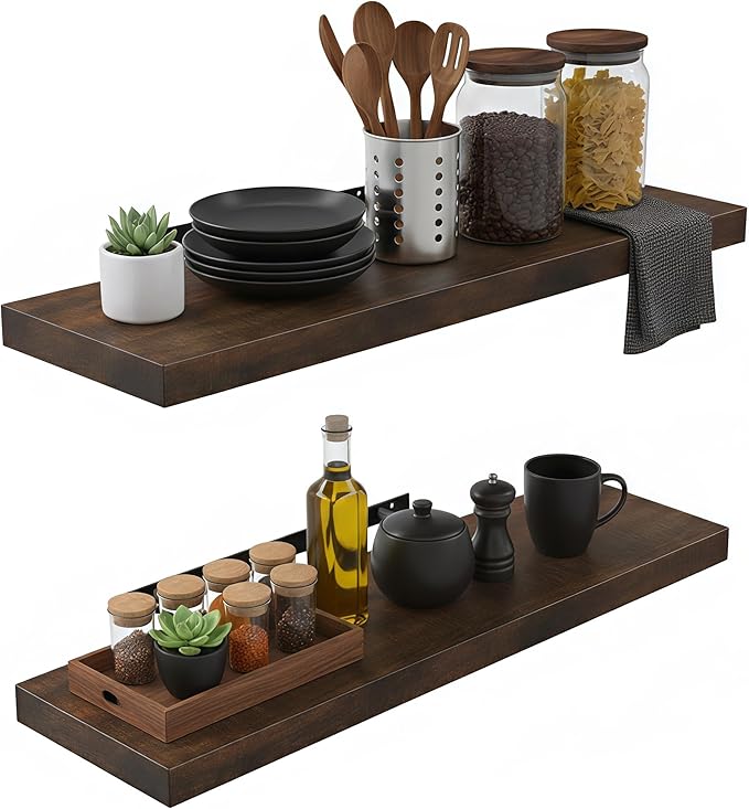 Lufia Floating Wall Shelves, Set of 2, MDF with Invisible Brackets, Modern Storage for Bedroom, Bathroom, Living Room, Kitchen (Rustic Brown, 24" W x 7" D x 1.5" H)