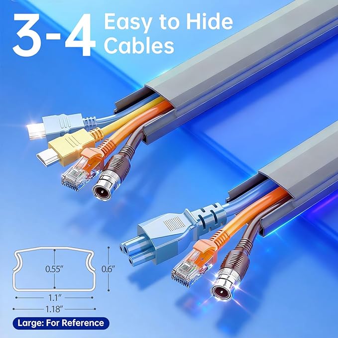 Delamu Grey Cord Hider, 85in Cord Covers for 3-4 Wires on Wall, Large Cable Hider, Premium Wire Covers for Cords on Wall, Easy Set-up Cable Cover Raceway, TV Wire Hiders Wall, W1.18 H0.67in, Grey