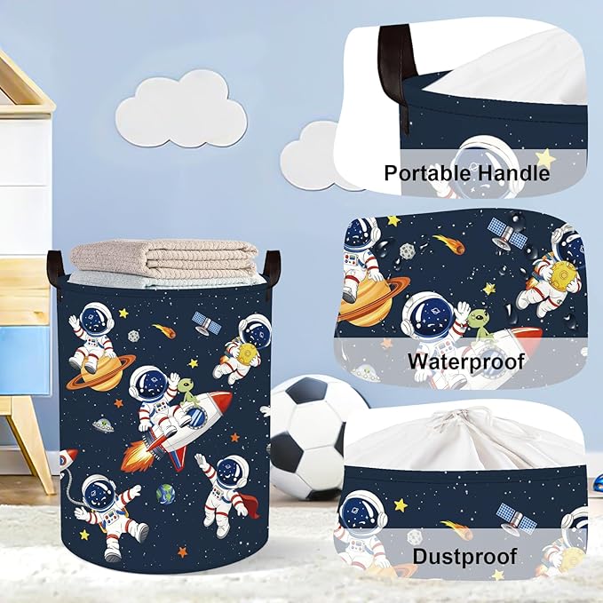 Space Rockets Laundry Hamper Cartoon Astronaut Large Storage Basket Planet Collapsible Parents Organizer Boys Clothes Toy Bins for Bedroom, Bathroom, Alien, 63L
