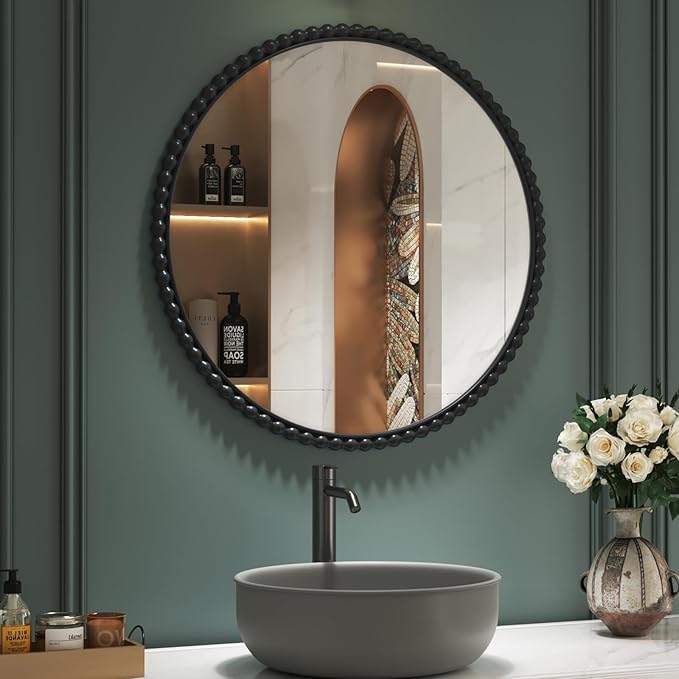 Uniclinens Beaded Round Wall Mirror Large - Vintage Mirror Wall Decor 31.5" with Metal Frame, Ideal for Entryway, Fireplace, Living Room, Hallway, Bathroom, Black