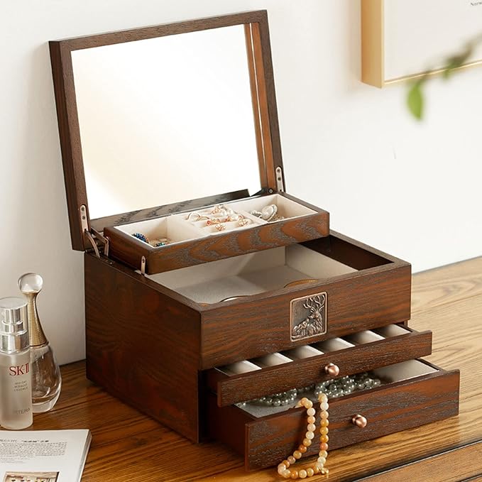 Makeup Organizers Luxury Wood Jewelry Box Wooden Velvet Necklace Ring Earring Watch Organizer Jewellery Storage Case Casket Jewelry Case