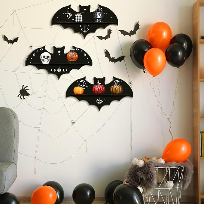 Geetery 3 Pcs Bat Shelf Gothic Decor Witchy Crystal Shelf Spooky Coffin Wall Hanging with Hooks Floating Black Wooden Room Decor for Crystal Keys