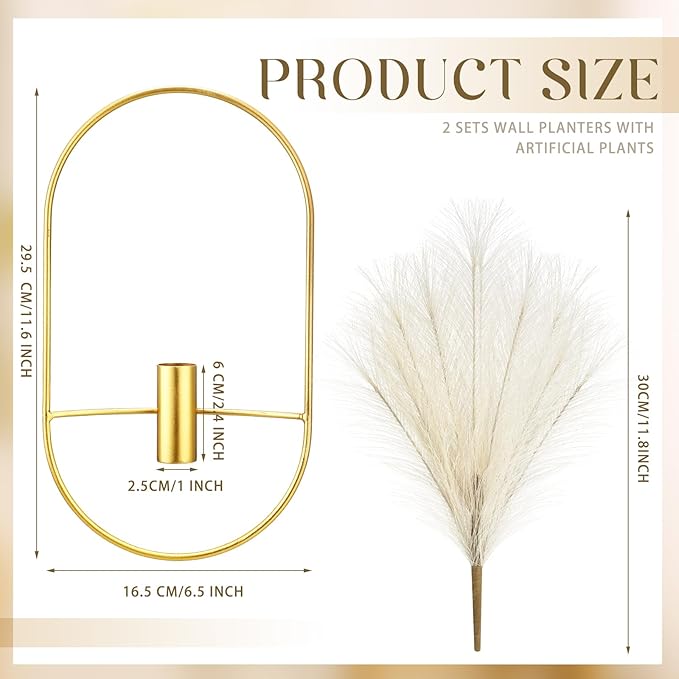 Peryiter 2 Pcs Boho Wall Decor Metal Gold Wall Art Hanging Planters with Artificial Pampas Modern Home Decor Display Art for Living Room Bedroom Bathroom(Oval)