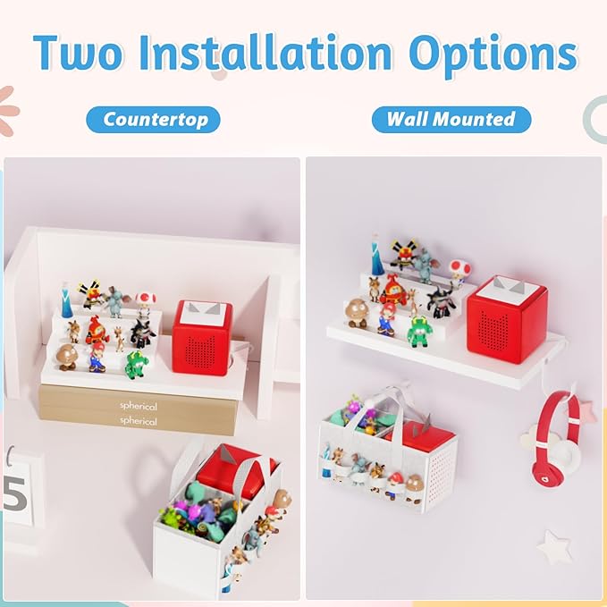 for Tonie Shelf Magnetic - Wooden Tonies Organizer with Carrying Bag, 3 Tiered Magnetic Display Shelf for Toniebox Holder, Wall Mount/Countertop Use Tonies Toy Storage for Kids Room/Playroom (White)