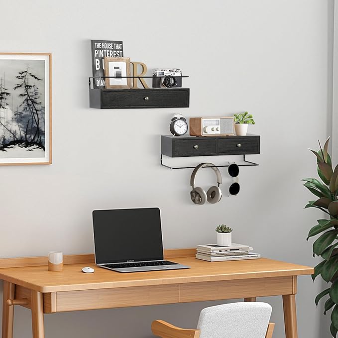 DreamPossible Floating Shelves - Wall Mounted Bathroom Shelf Set of 2 with Drawers, Rustic Wood Shelves for Bedroom, Living Room, Kitchen, Home Decor, Plants, Books (Black)