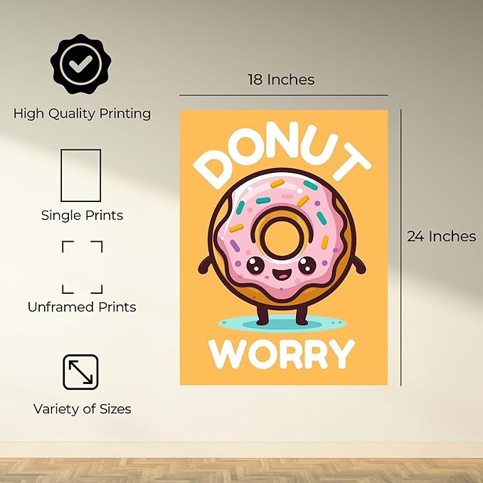 InkFlow Posters Donut Worry Poster - Smiling Donut Illustration - Playful Kawaii Food Art - Kids Bedroom Playroom Decor - Cheerful Wall Print - 18x24 Unframed Canvas Print