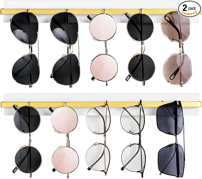 Mkono Wall Mounted Sunglasses Storage Organizer Wood Modern Simple Eyeglasses Display Holder Eyewear Glasses Jewelry Headband Hanging Rack for Entryway Living Room Bedroom, Set of 2, White