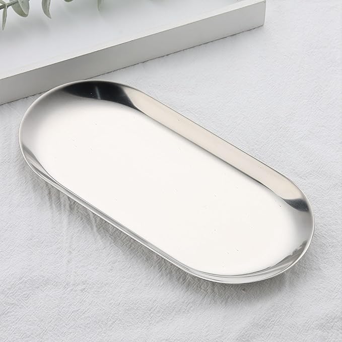 SUTOKAKA 2 Pack Stainless Steel Silver Decorative Tray, Small Oval Perfume Jewelry Candle Dish, Dinner Macarons Dessert Plate for Home Entry Decor Bathroom Kitchen Storage
