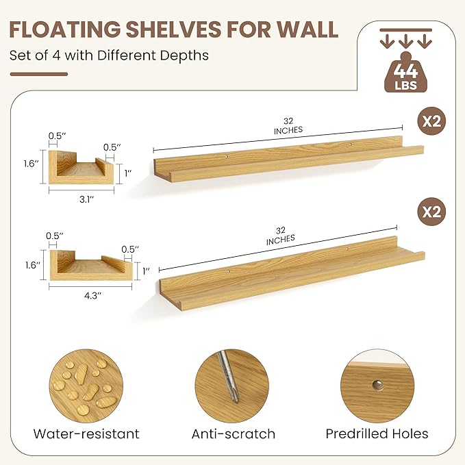 Fun Memories Picture Ledge Shelf, Floating Shelves Set of 4, 32 Inch Picture Shelves for Wall with Ledge, Large Nursery Book Shelf for Toys Storage, Living Room, Bedroom Decor Frames, Oak