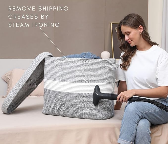 22"x14"x18" Rectangular Extra Large Storage Basket With Lid, Large Cotton Rope Storage Basket, Woven Laundry Hamper, Cloth Storage Bin, for Clothes Towels Blankets in Living Room, Dual Grey