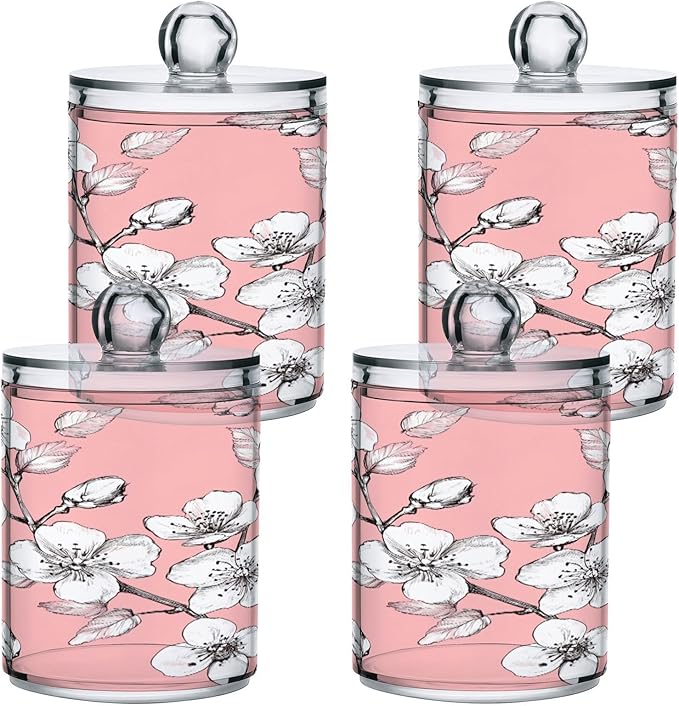 Nander 2Pack Beautiful Cherry Blossoms Qtip Holder Dispenser -Clear Plastic Apothecary Jars Set - Restroom Bathroom Makeup Organizers Containers for Cotton Swab, Ball, Pads, Floss