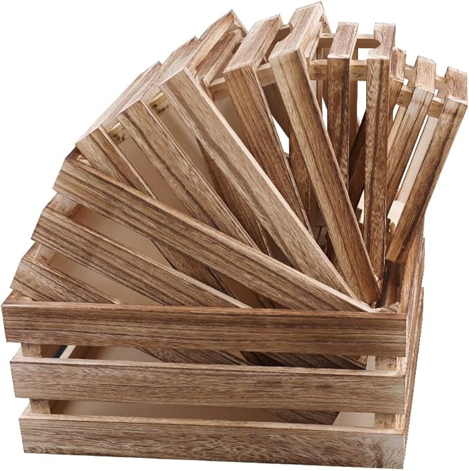 GRETJOB 6 Pack Large Wooden Crates for Display Rustic Nesting Wooden Basket with Handle, Decorative Farmhouse Wood Crate for Storage and Container, 6 Size Wood Basket Decor Boxes